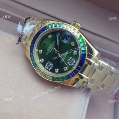 NEW ROLEX OYSTER PERPETUAL PEARLMASTER YELLOW GOLD WATCH GREEN FACE